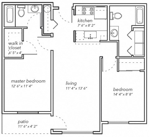 Floor plan for 2 beds, 2 baths, 974 sqft